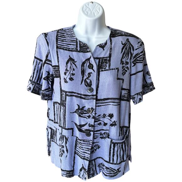 Dress Barn 90s Rayon Crepe Button Blouse Lavender Black Abstract Print USA Sz 8 - Picture 1 of 6